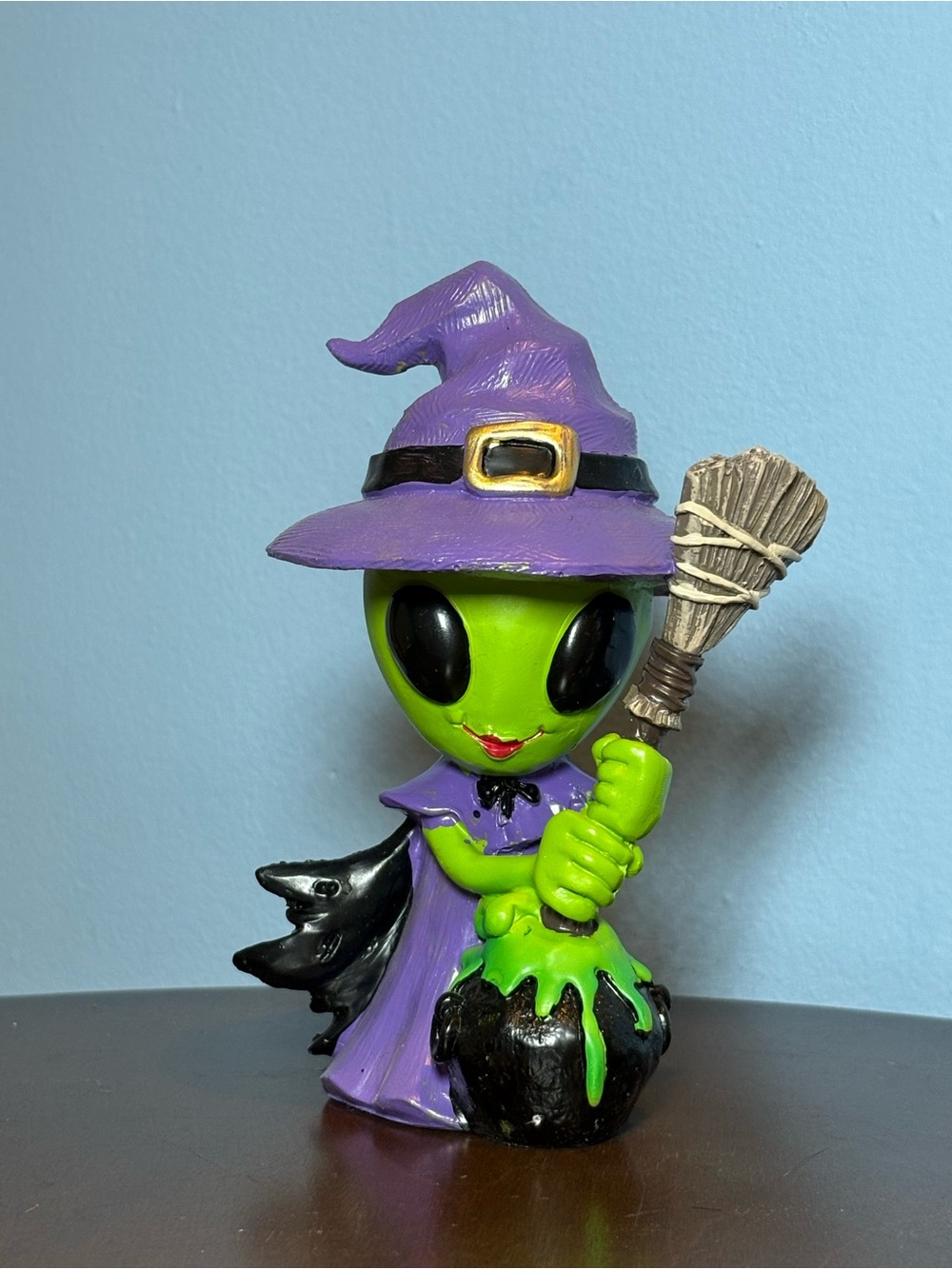 Martha Stewart Green Alien Witch Figurine with Purple Hat